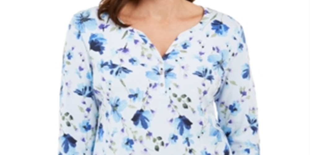 Karen Scott Women's Floral Print Henley Top Blue Size Petite Small