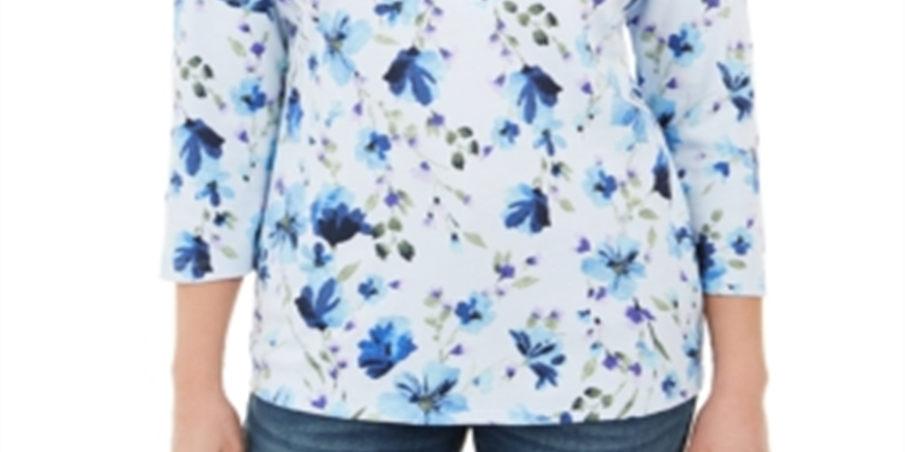 Karen Scott Women's Floral Print Henley Top Blue Size Petite Small
