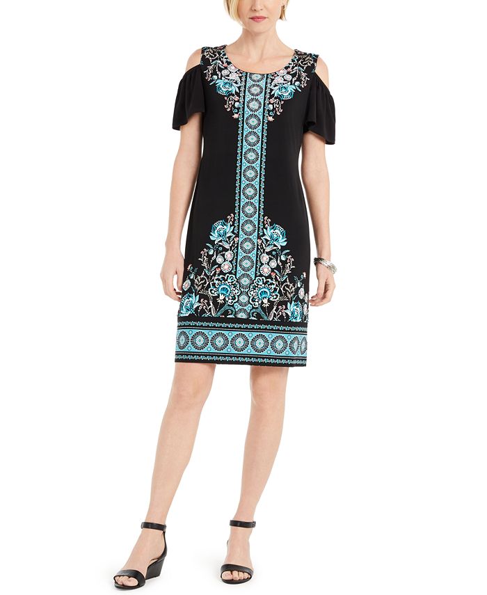 JM Collection Women's Printed Cold Shoulder Hot Fix Dress Black Size X-Large