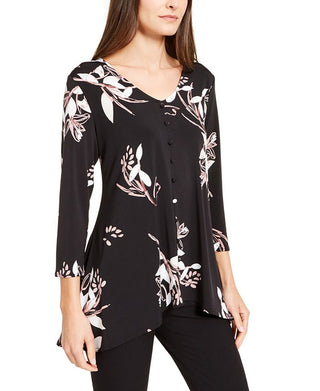 Alfani Women's Floral Print V Neck Blouse Black Size Medium