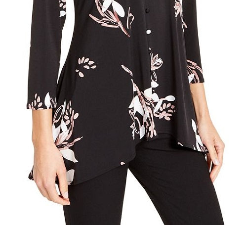 Alfani Women's Floral Long Sleeve V Neck Top Black Size X-Large