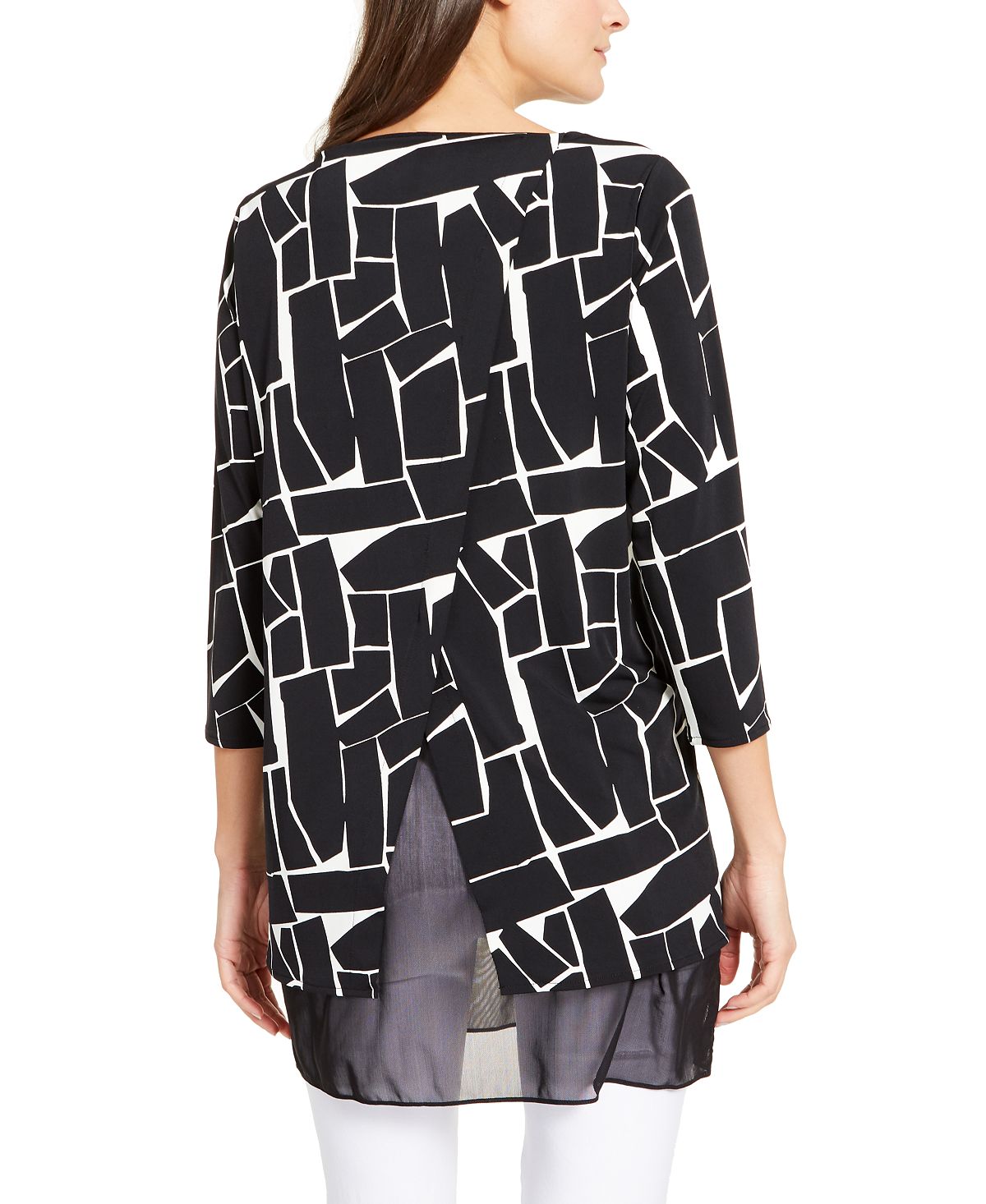 Alfani Women's Printed Mesh Trim Tunic Top Black Size Petite