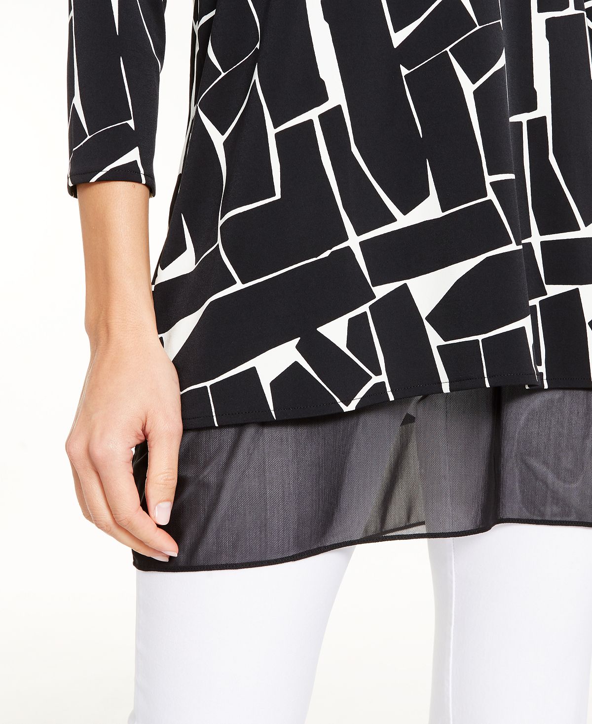 Alfani Women's Printed Mesh Trim Tunic Top Black Size Petite