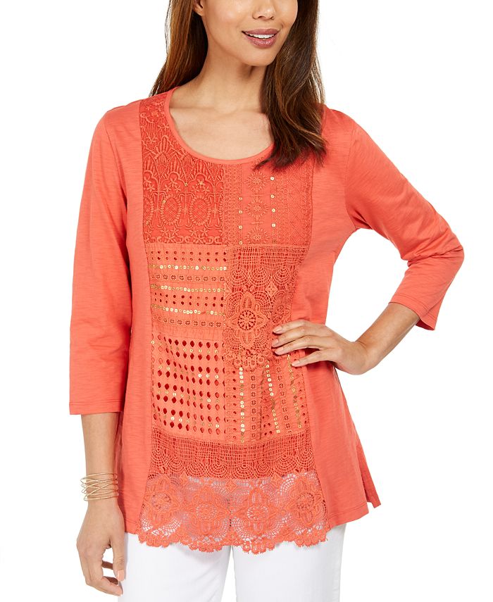 JM Collection Women's Cotton Crochet Patchwork Top Orange Size X-Small
