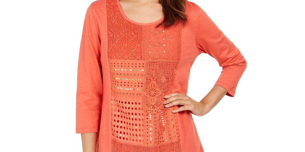 JM Collection Women's Cotton Crochet Patchwork Top Orange Size X-Small