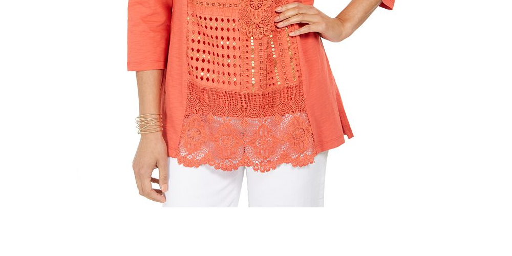 JM Collection Women's Cotton Crochet Patchwork Top Orange Size X-Small