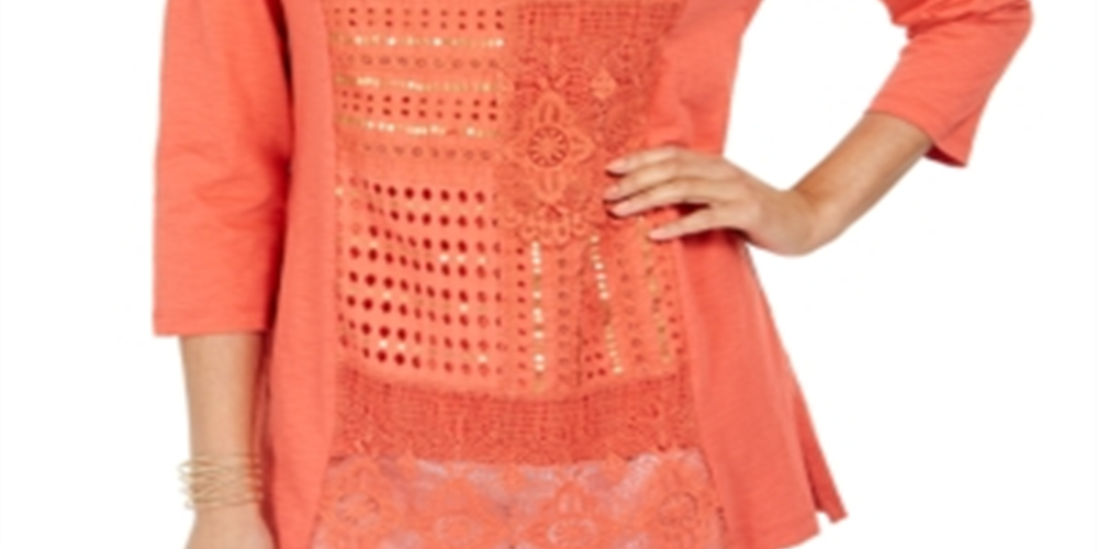 JM Collection Women's Cotton Crochet Patchwork Top Orange Size X-Small