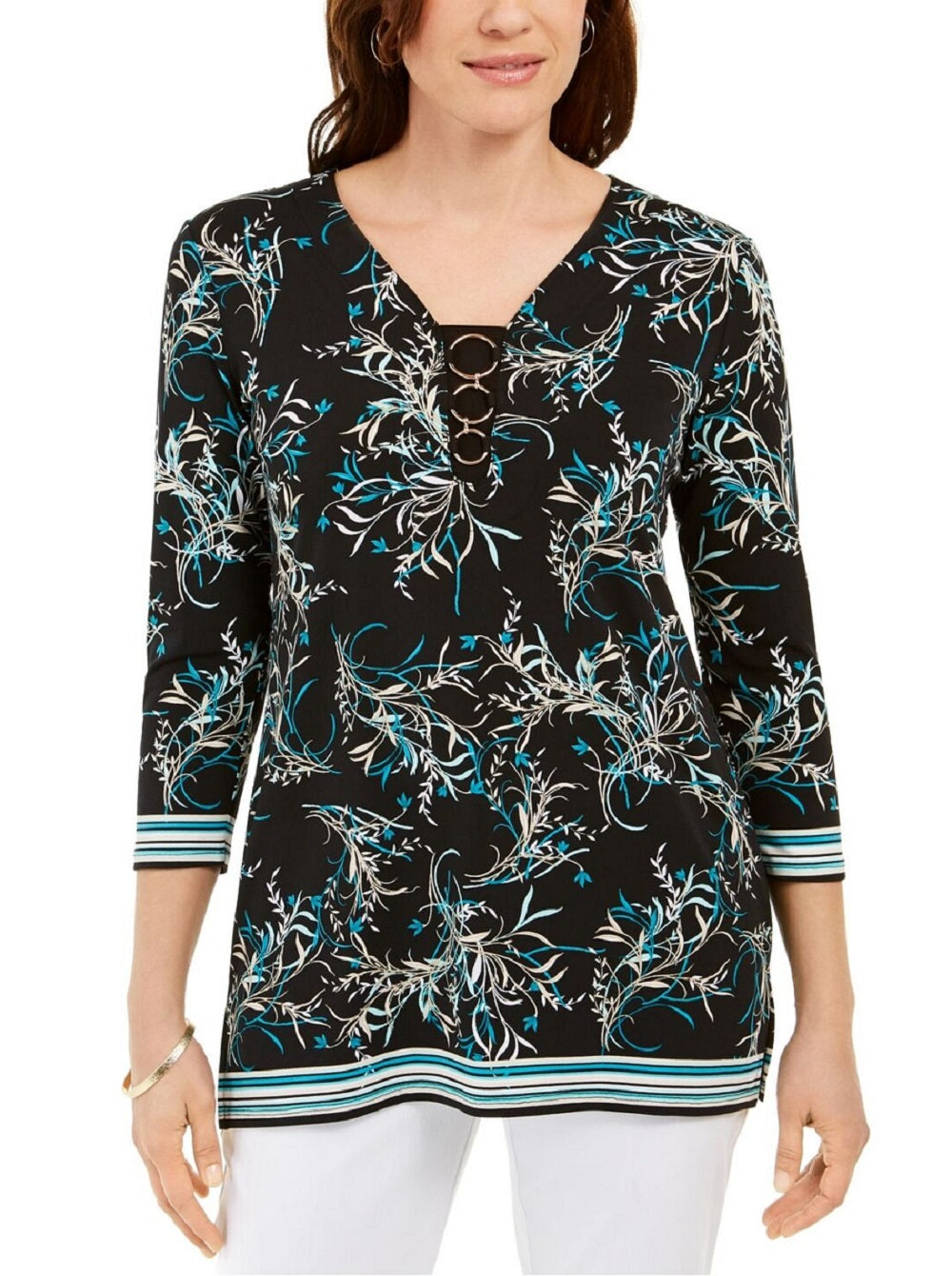 JM Collection Women's Printed O Ring Tunic Blue Size X-Small