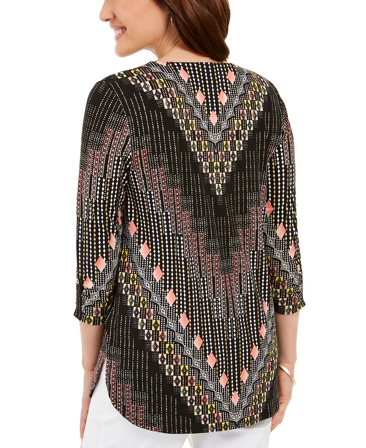 JM Collection Women's Zip Neck Printed Top -Black Size XX-Large