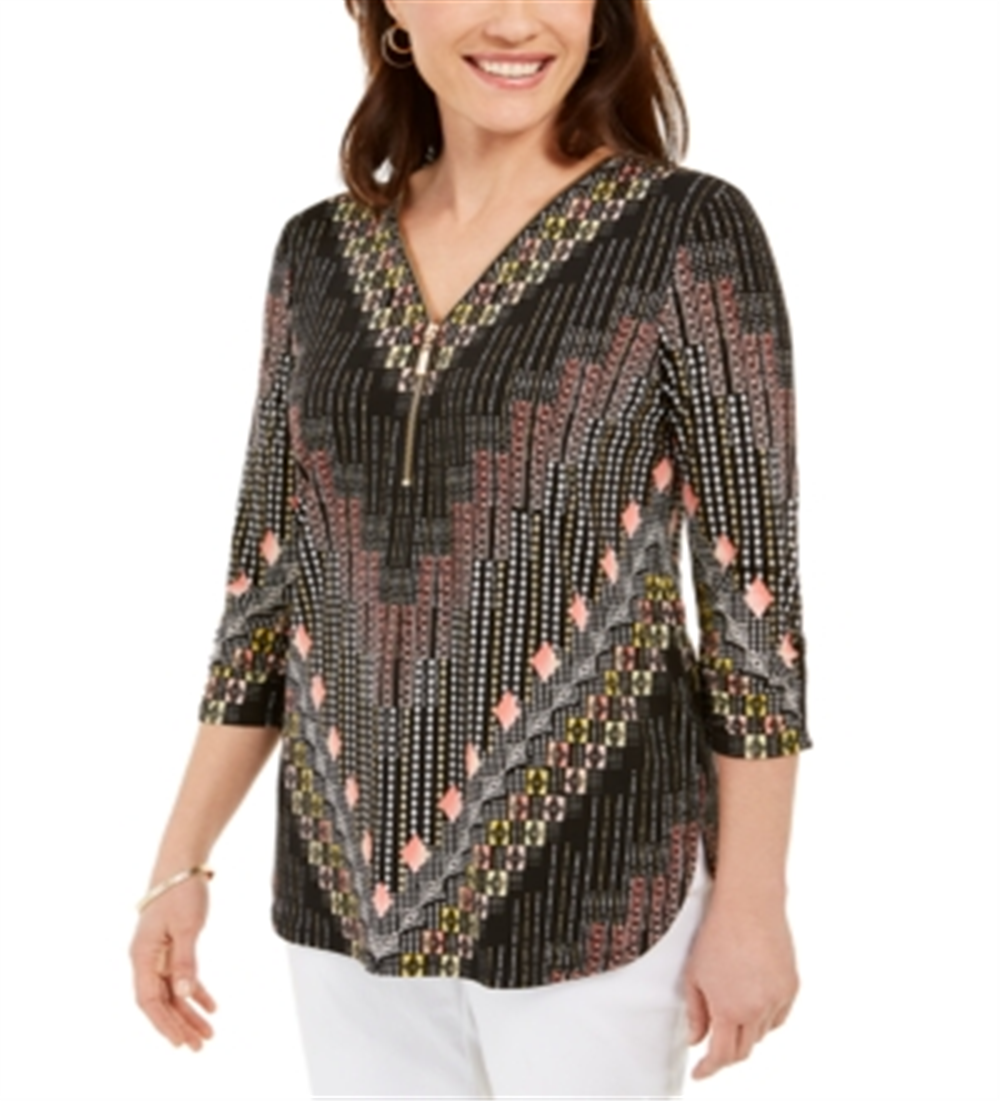 JM Collection Women's Zip Neck Printed Top -Black Size XX-Large