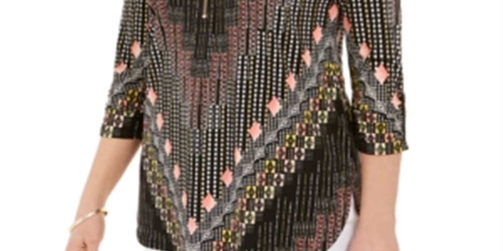 JM Collection Women's Zip Neck Printed Top -Black Size XX-Large