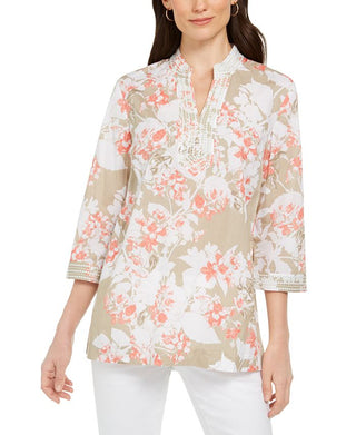 Charter Club Women's Printed Embroidered Voile Linen Blend Tunic Brown Size XX-Large