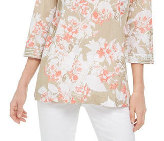 Charter Club Women's Printed Embroidered Voile Linen Blend Tunic Brown Size XX-Large