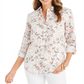 Charter Club Women's Floral Print Tab Sleeve Linen-Blend Shirt White Size Medium