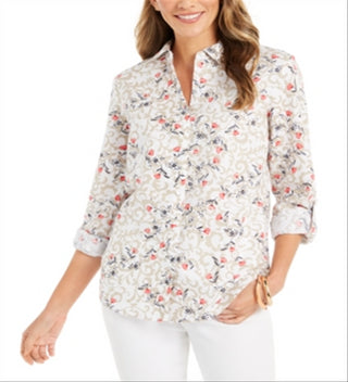 Charter Club Women's Floral Print Tab Sleeve Linen-Blend Shirt White Size Medium