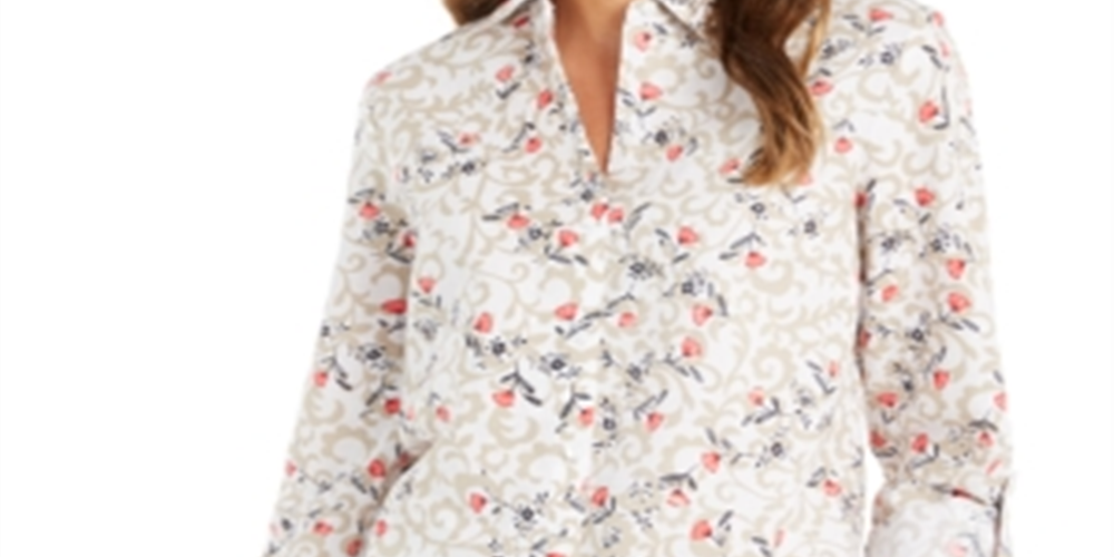Charter Club Women's Floral Print Tab Sleeve Linen-Blend Shirt White Size Medium