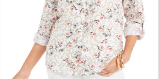 Charter Club Women's Floral Print Tab Sleeve Linen-Blend Shirt White Size Medium