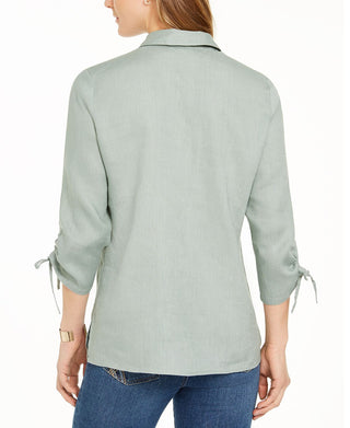 Charter Club Women's Woven Drawstring Tie Cuff Top Green Size X-Small