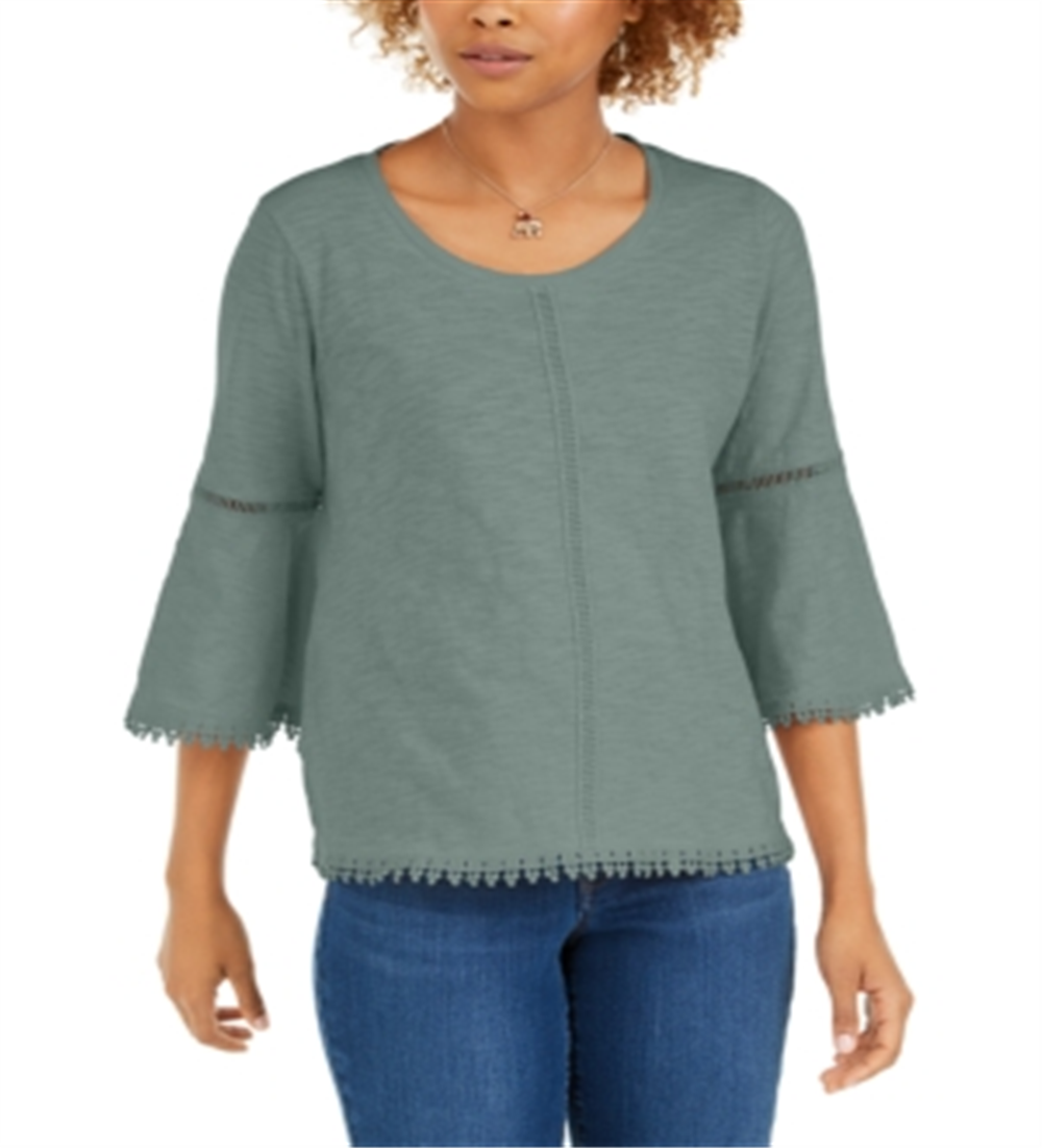 Style & Co Women's Crochet Trim Bell-Sleeve Top Green Size Large