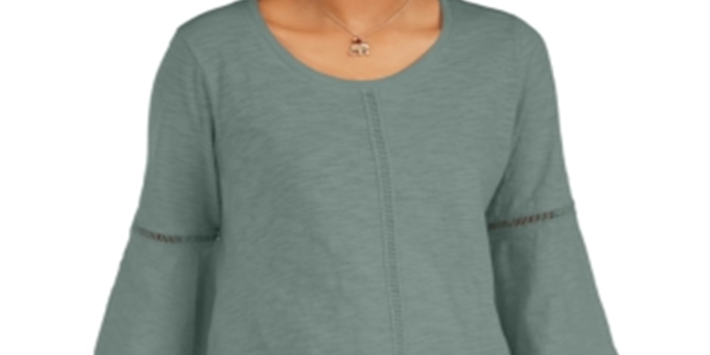 Style & Co Women's Crochet Trim Bell-Sleeve Top Green Size Large
