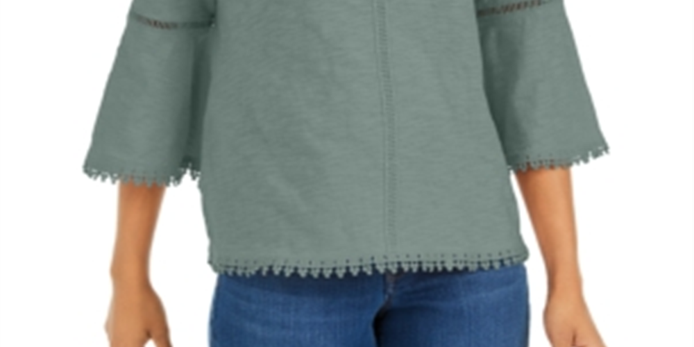 Style & Co Women's Crochet Trim Bell-Sleeve Top Green Size Large