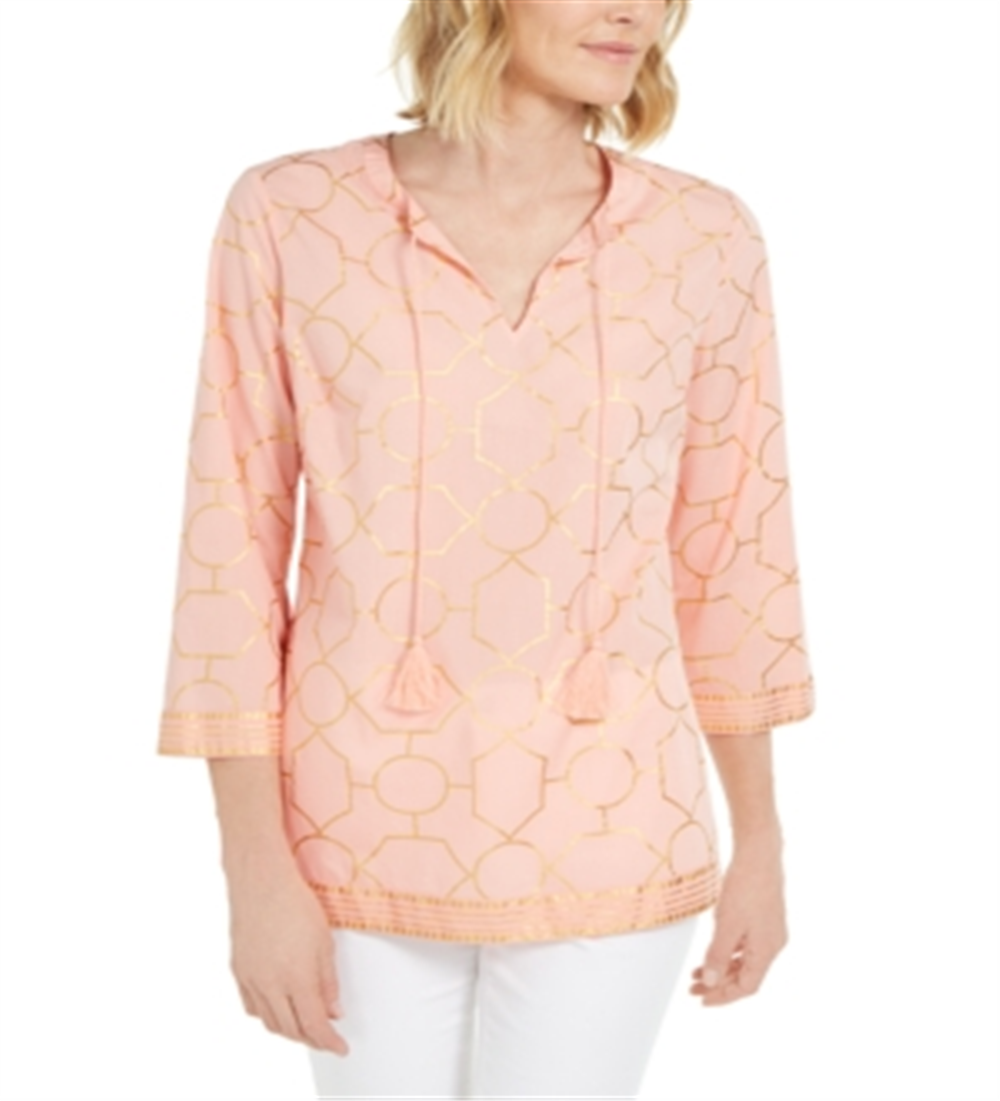 Charter Club Women's Cotton Printed Tunic Orange Size Petite Small