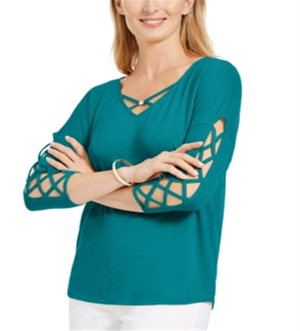 JM Collection Women's Ladder Sleeve Top Green  Size Small