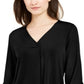 Alfani Women's Tie Solid 3/4 Sleeve V Neck Top Black Size Large