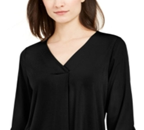 Alfani Women's Tie Solid 3/4 Sleeve V Neck Top Black Size Large