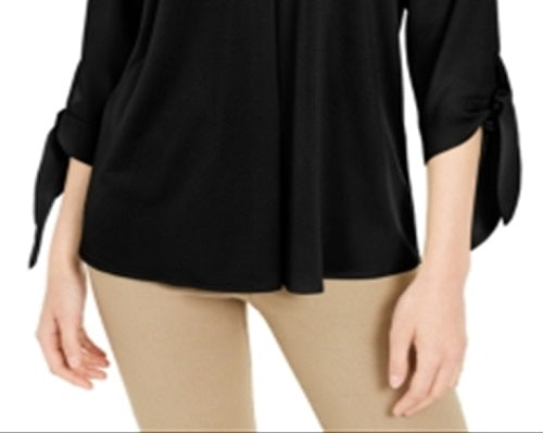 Alfani Women's Tie Solid 3/4 Sleeve V Neck Top Black Size Large