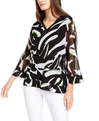 Alfani Women's Animal Print 3/4 Sleeve V Neck Top Black Size Large