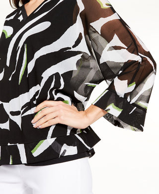 Alfani Women's Animal Print 3/4 Sleeve V Neck Top Black Size Large