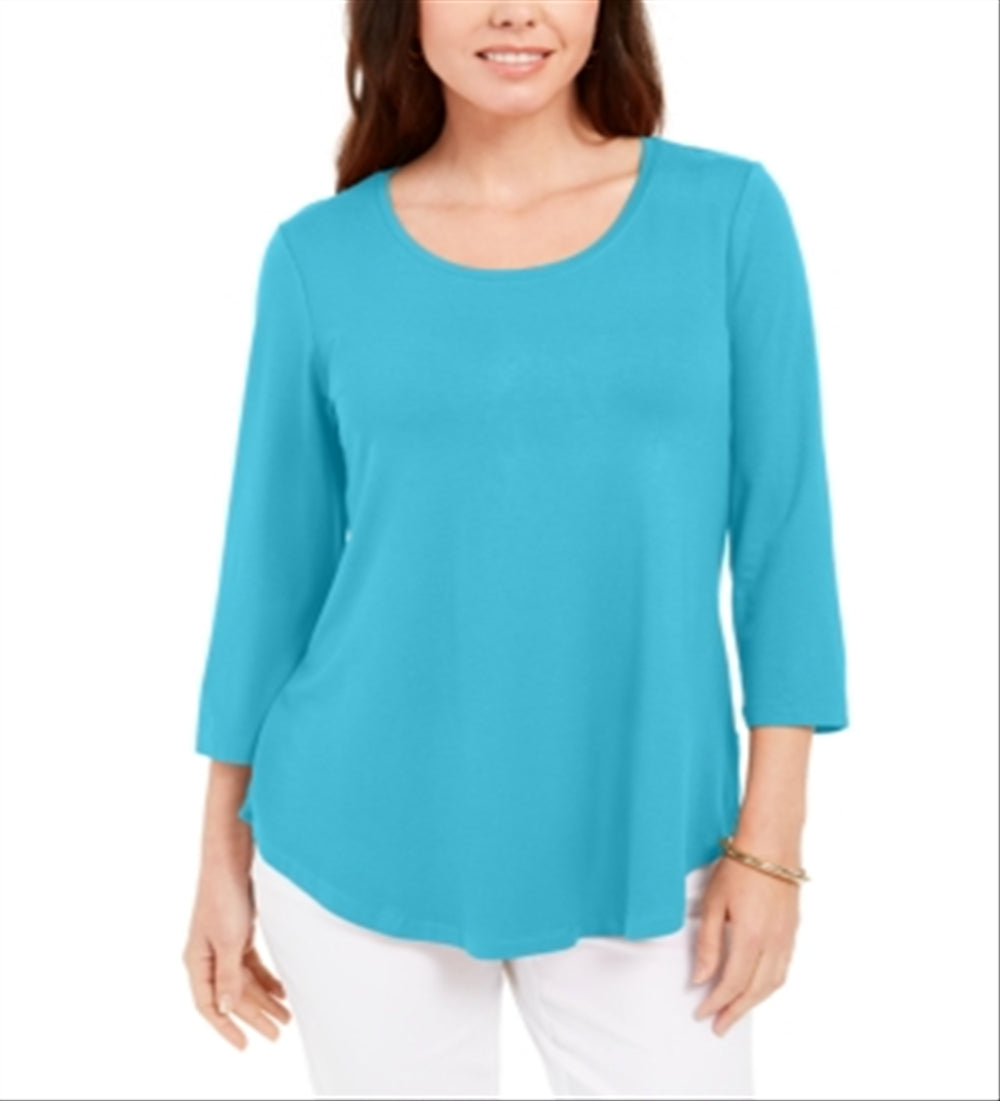 JM Collection Women's 3/4 Sleeve Curved Hem Top Blue Size Small