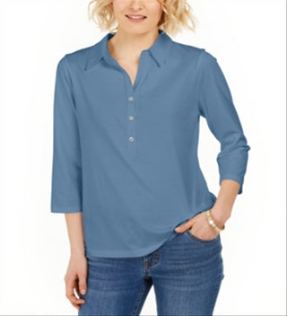 Charter Club Women's Supima Cotton 3/4 Sleeve Polo Blue Size X-Small