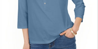 Charter Club Women's Supima Cotton 3/4 Sleeve Polo Blue Size X-Small