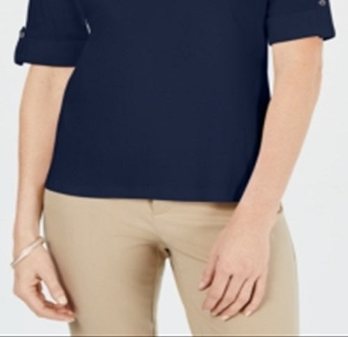 Karen Scott Women's Cotton Johnny Collar Top Blue Size X-Small