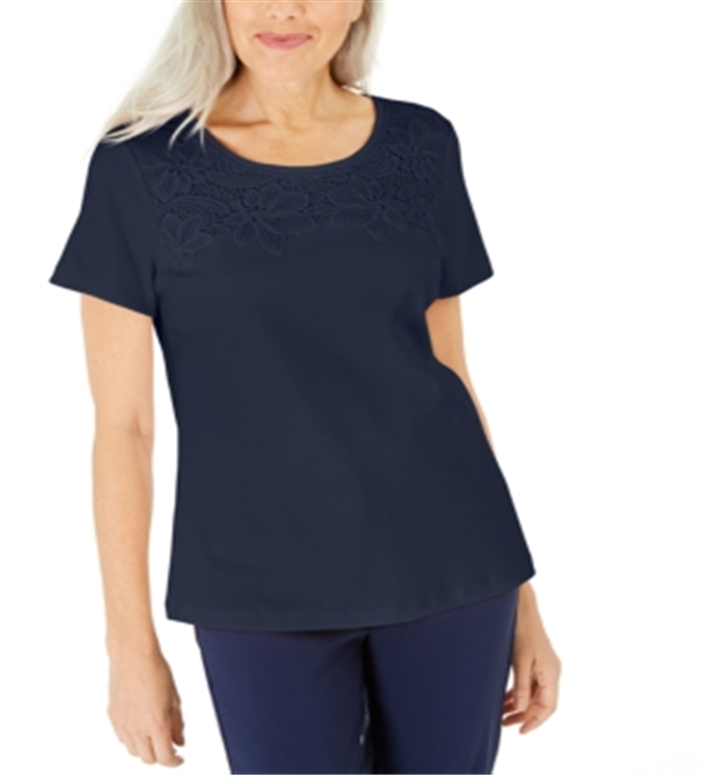 Karen Scott Women's Cotton Crochet Front Top Blue Size X-Large