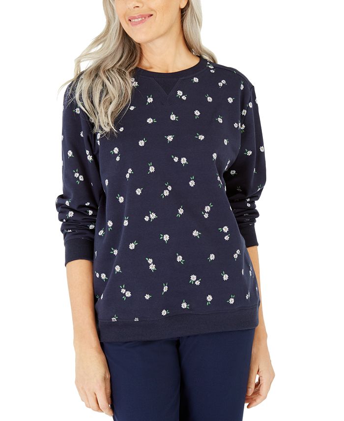 Karen Scott Women's Daisies Fleece Crewneck Top Blue Size Large