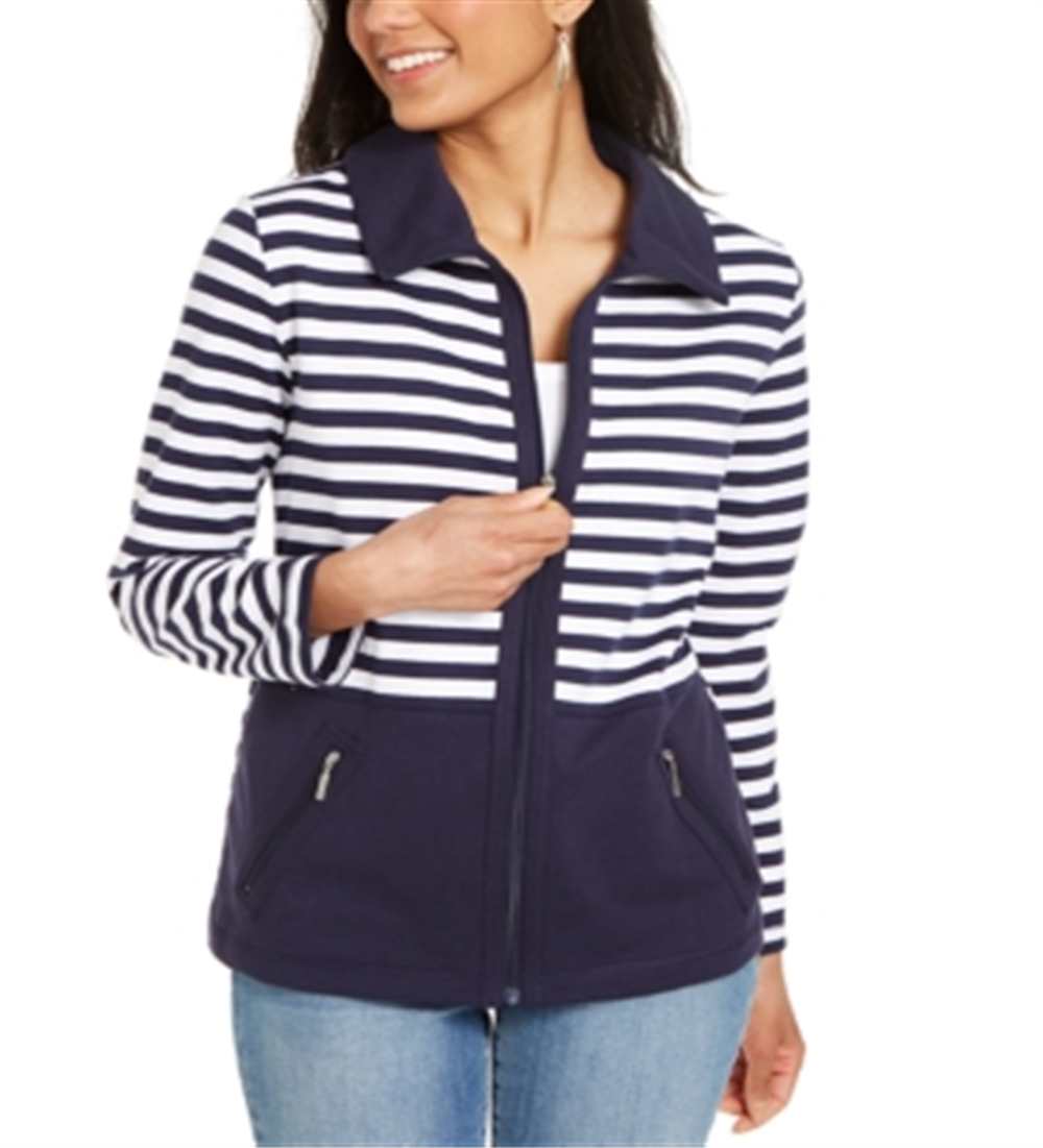 Karen Scott Women's Colorblocked Wing Collar Zip Front Jacket Blue Size Large