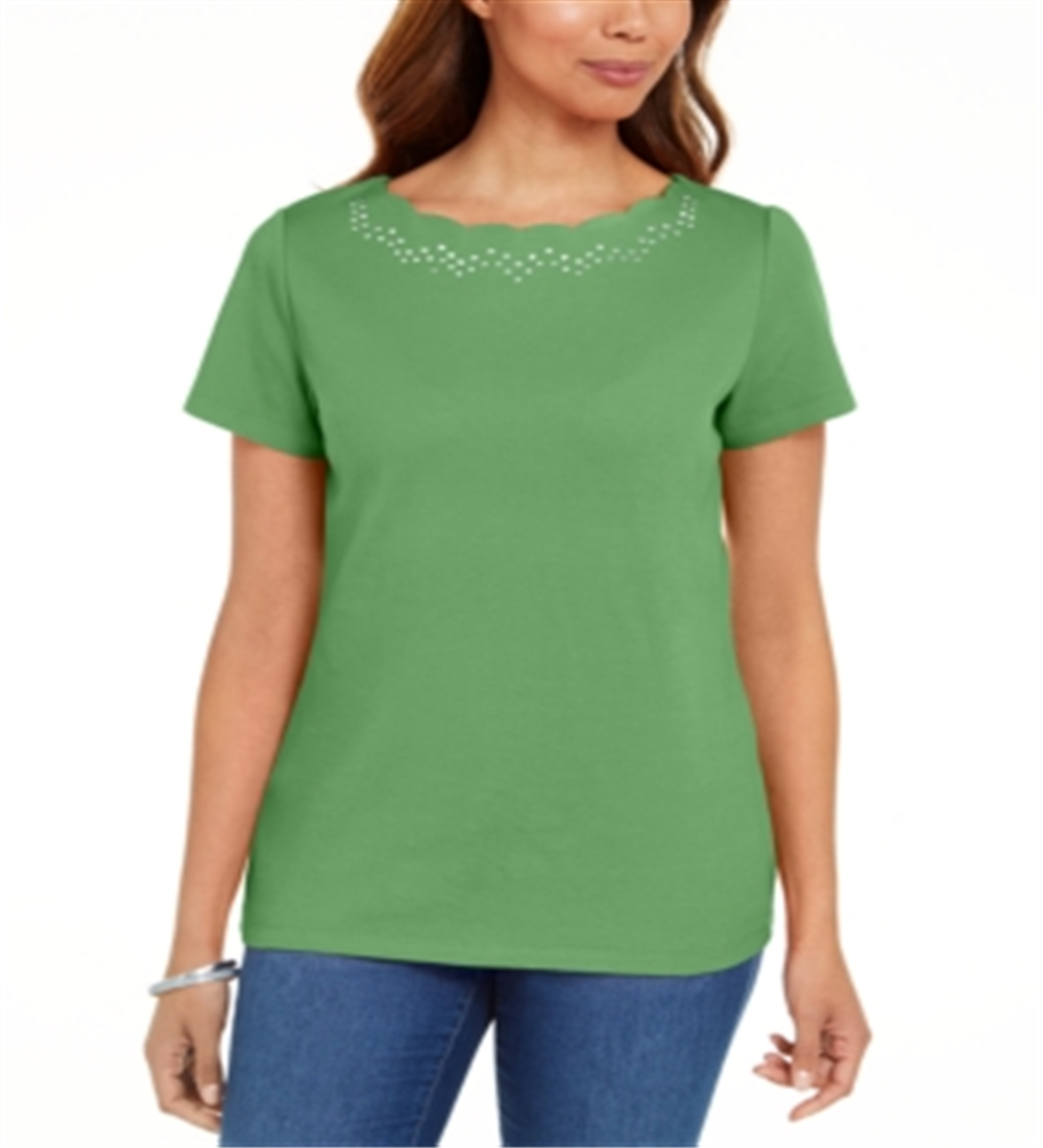 Karen Scott Women's Cotton Scalloped Neck T-Shirt Green Size Large