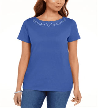 Karen Scott Women's Blue Cotton Scalloped Neck T-Shirt Size Medium