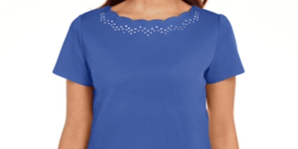 Karen Scott Women's Blue Cotton Scalloped Neck T-Shirt Size Medium