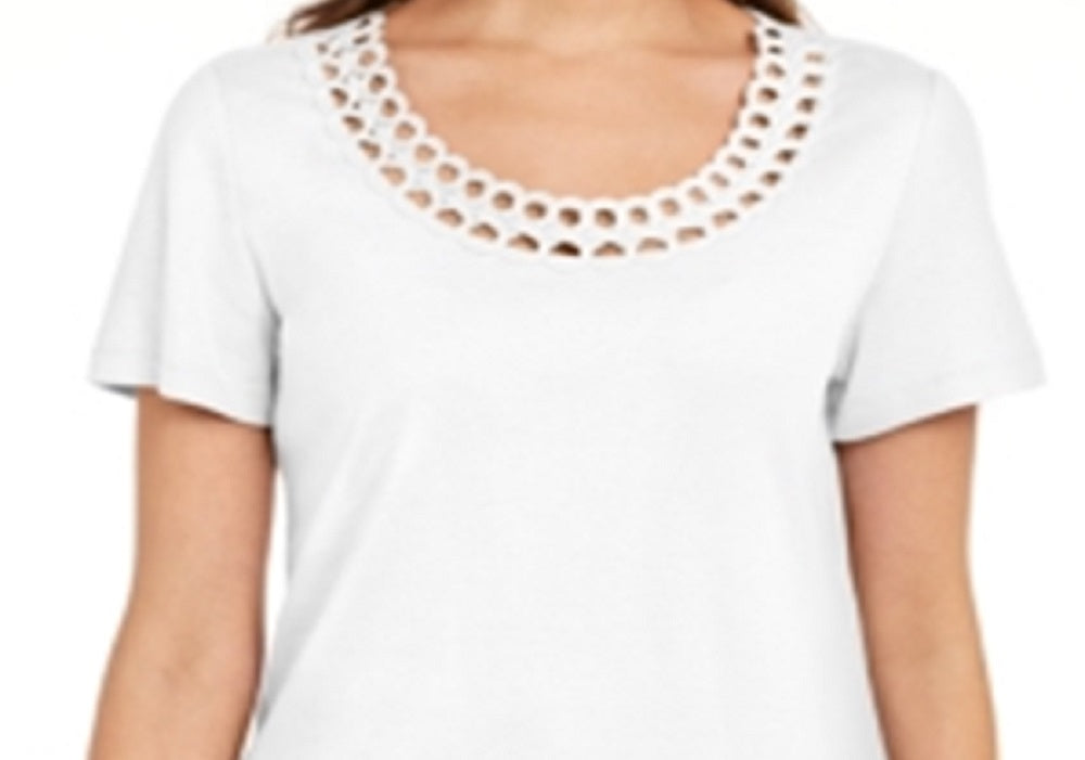 Karen Scott Women's Cotton Scalloped Neck T-Shirt White Size XX-Large