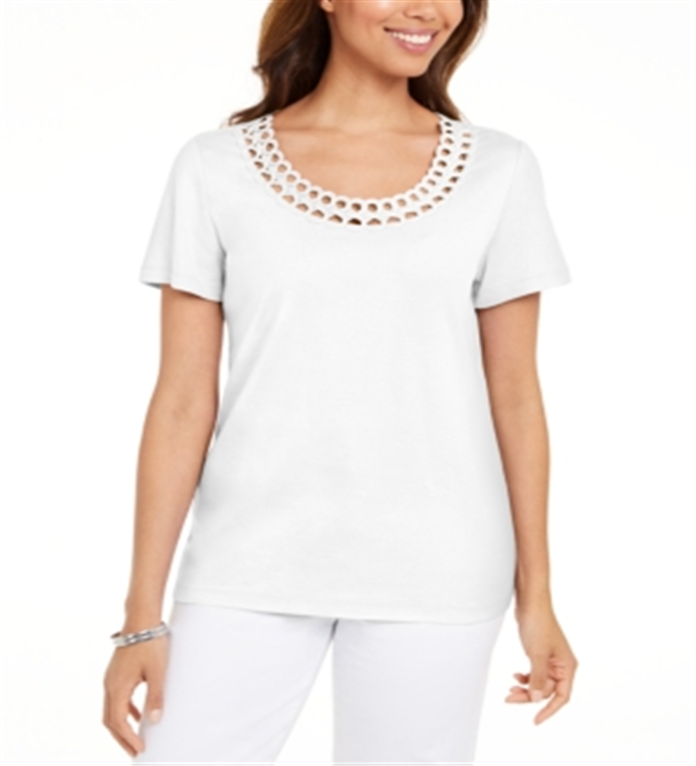 Karen Scott Women's Cotton Scalloped Neck T-Shirt White Size XX-Large