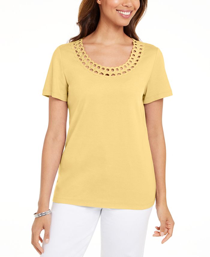 Karen Scott Women's Cotton Scalloped Neck T-Shirt Yellow Size X-Large