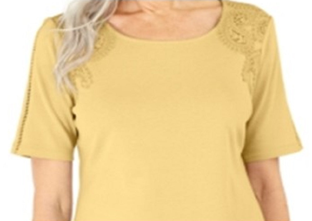 Karen Scott Women's Cotton Crochet Front Top Yellow Size X-Small