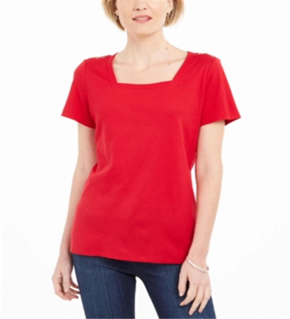 Karen Scott Women's Cotton Square Neck T-Shirt Red Size XX-Large