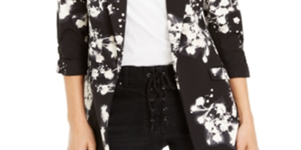 INC International Concepts Women's Floral Print Kiss Front Blazer Black Size XX-Large