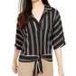 Alfani Women's Stripe Notch Collar Tie Front Blouse Black Size Large