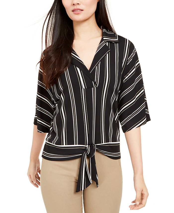 Alfani Women's Stripe Notch Collar Tie Front Blouse Black Size Large